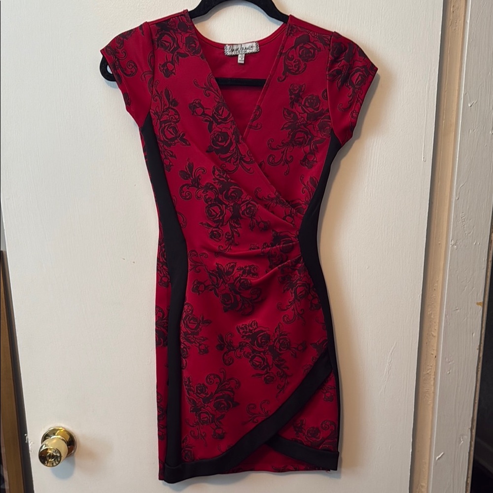 Vintage Red Floral Wrap Dress Size XS